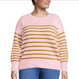 NWT Lands’ End Drifter Cotton Sweater Seasalt Pink Dijon Stripe Plus 2X 20W-22W